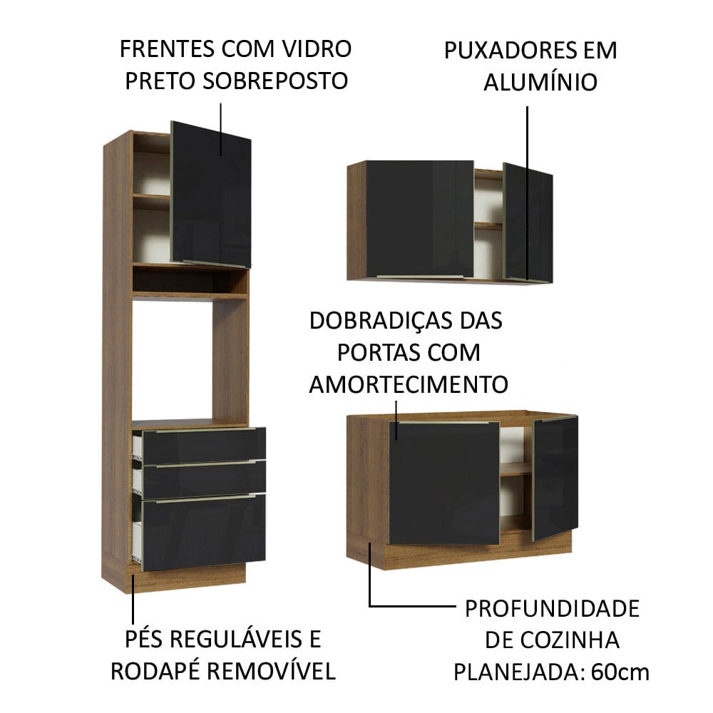 Cozinha Compacta Madesa Lux com Armário e Balcão 5 Portas 3 Gavetas Rustic/Preto Cor:Rustic/Preto