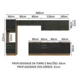 Armário de Cozinha Completa 400cm Rustic/Preto Lux da Thauane Madesa Cor:Rustic/Preto