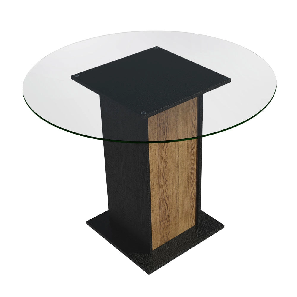 Mesa de Jantar Redonda Madesa 5324 com Tampo de Vidro Preto/Rustic Cor:Preto Rustic