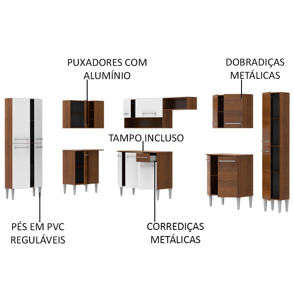 Cozinha Completa de Canto Reto Madesa Emilly Live com Armário e Balcão 17 Portas 1 Gaveta Rustic/Branco Cor:Branco/Rustic