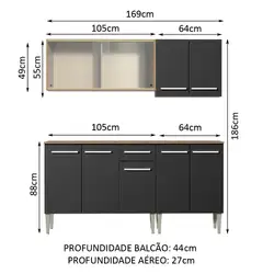 Armário de Cozinha Completa Madesa Emilly Box com Balcão e Aéreo Vidro Rustic/Preto Cor:Rustic/Preto