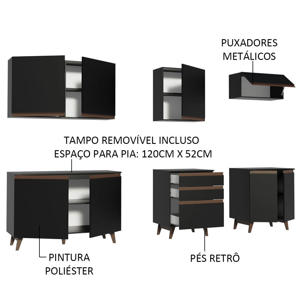 Cozinha Completa Madesa Reims 250001 com Armário e Balcão Preto Cor:Preto