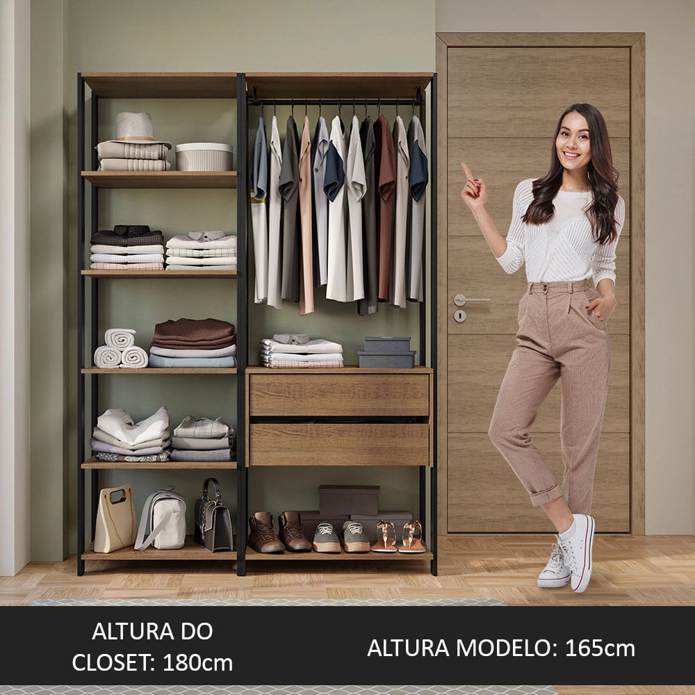 Closet Aberto Guarda-Roupa 2 Gavetas 129cm Rustic/Preto Madesa Cor:Rustic/Preto