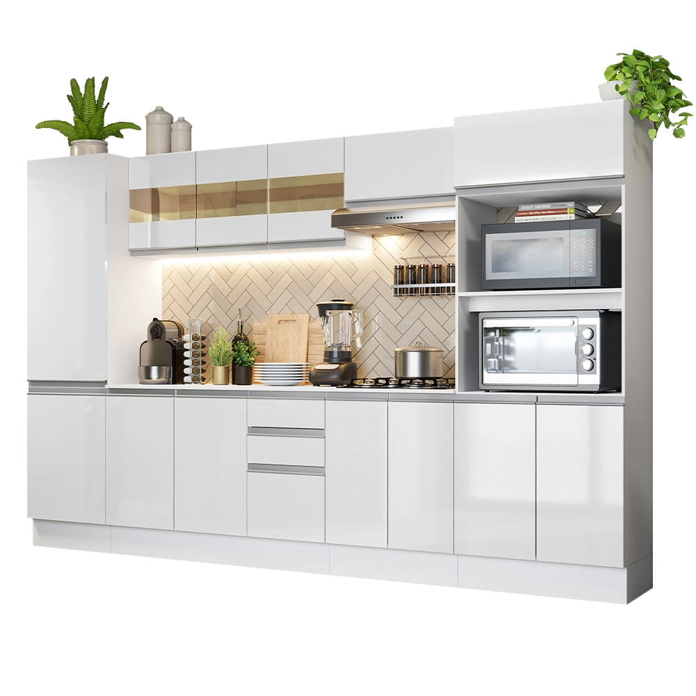 Cozinha Completa 100% MDF Madesa Smart 300 cm Modulada Com Armário, Balcão e Tampo Frentes Branco Brilho Cor:Branco