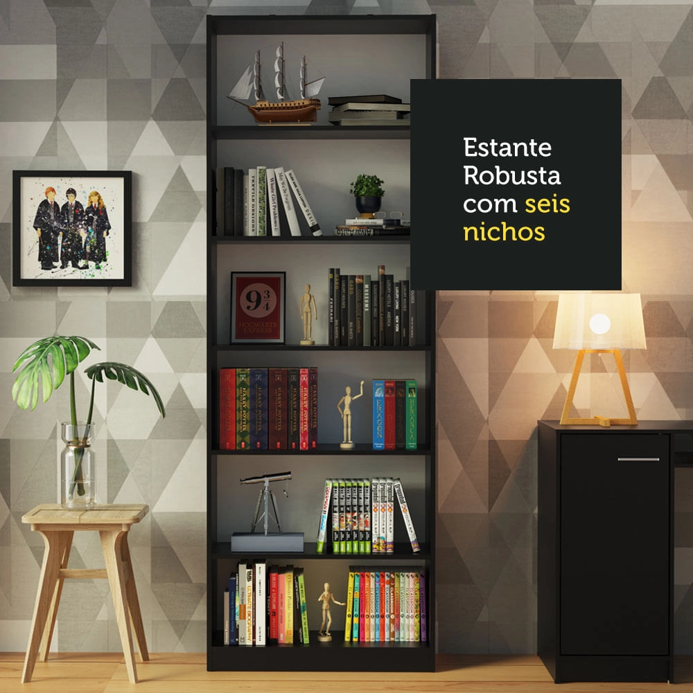 Estante Livreiro Madesa 6908 com 6 Nichos Preto Cor:Preto