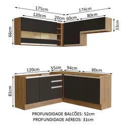 Cozinha Completa de Canto Madesa Glamy 349001 com Armário e Balcão (Sem Tampo e Pia) Rustic/Preto Cor:Rustic/Preto