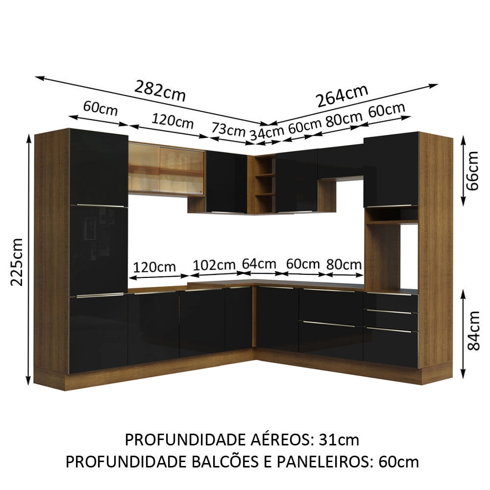 Cozinha Completa Madesa Lux de Canto com Armário e Balcão Rustic/Preto Cor:Rustic/Preto