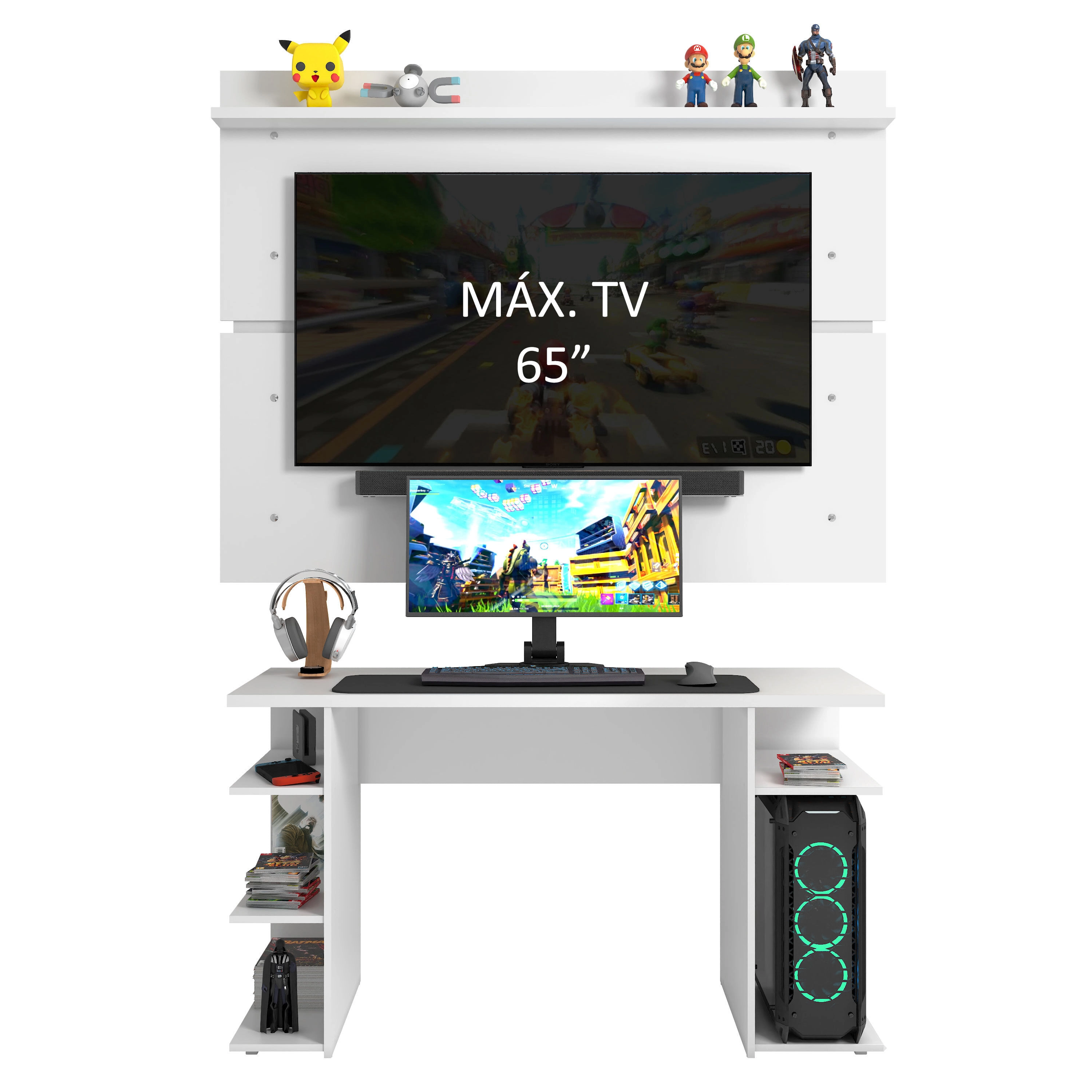 Mesa Gamer Madesa 9409 e Painel para TV até 65 Polegadas Branco Cor:Branco