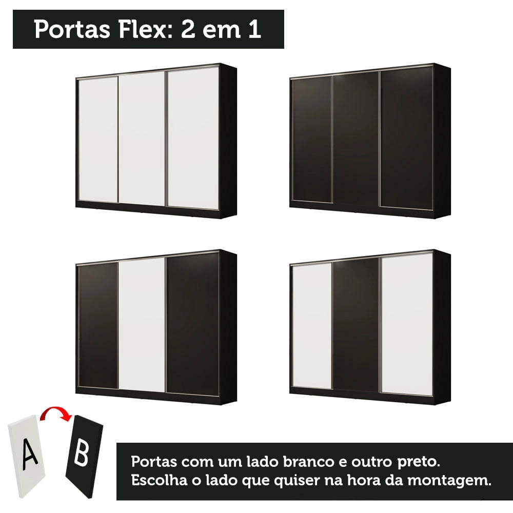 Guarda Roupa Casal 100% MDF Madesa Zurique 3 Portas de Correr Preto/Preto/Branco Cor:Preto/Branco