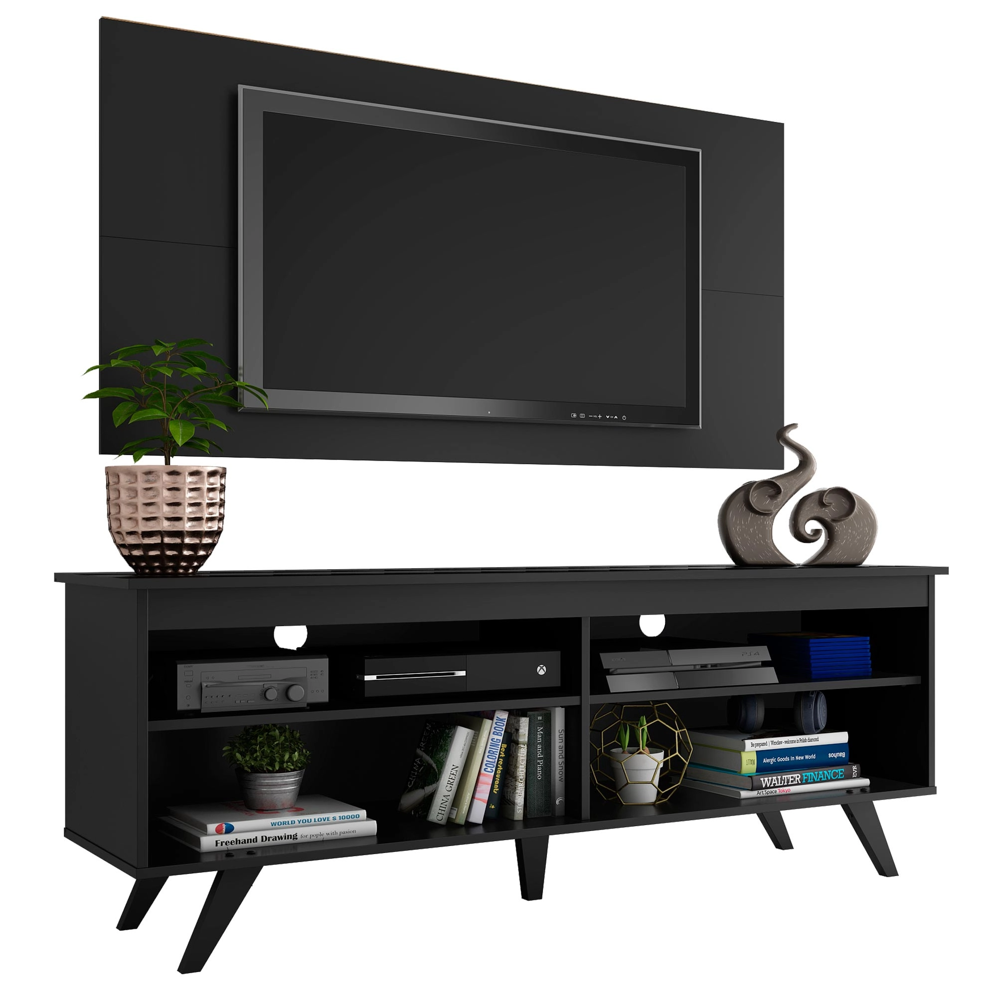 Rack Madesa Udine e Painel para TV até 55 Polegadas com Pés Preto Cor:Preto