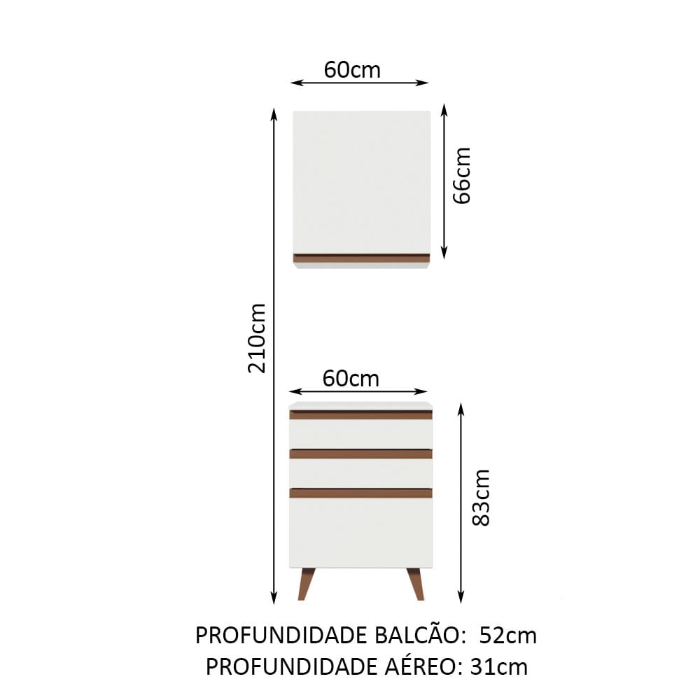 Kit Madesa Reims 60 cm com Armário Aéreo e Balcão com 3 Gavetas Branco Cor:Branco