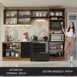 Armário de  Cozinha Completa 270cm Rustic/Preto Agata Madesa 08 Cor:Rustic/Preto