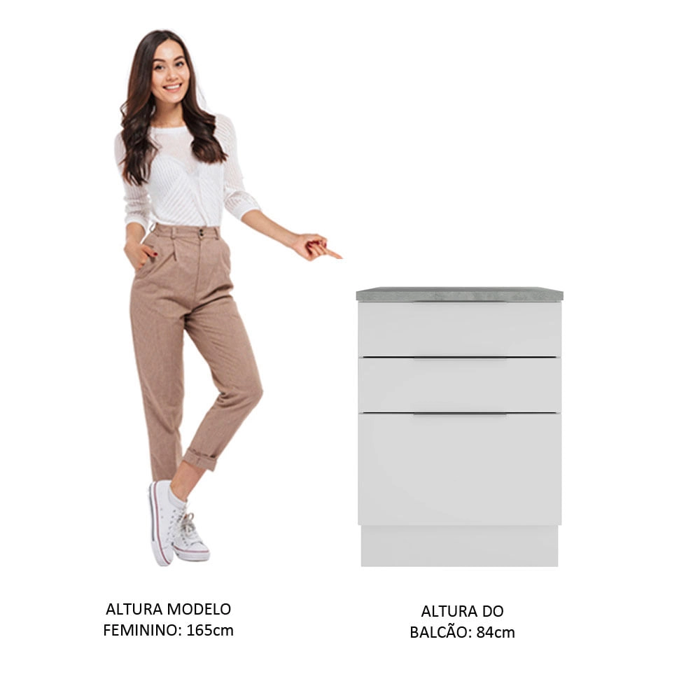 Balcão Madesa Stella 60 cm 3 Gavetas - Branco Cor:Branco