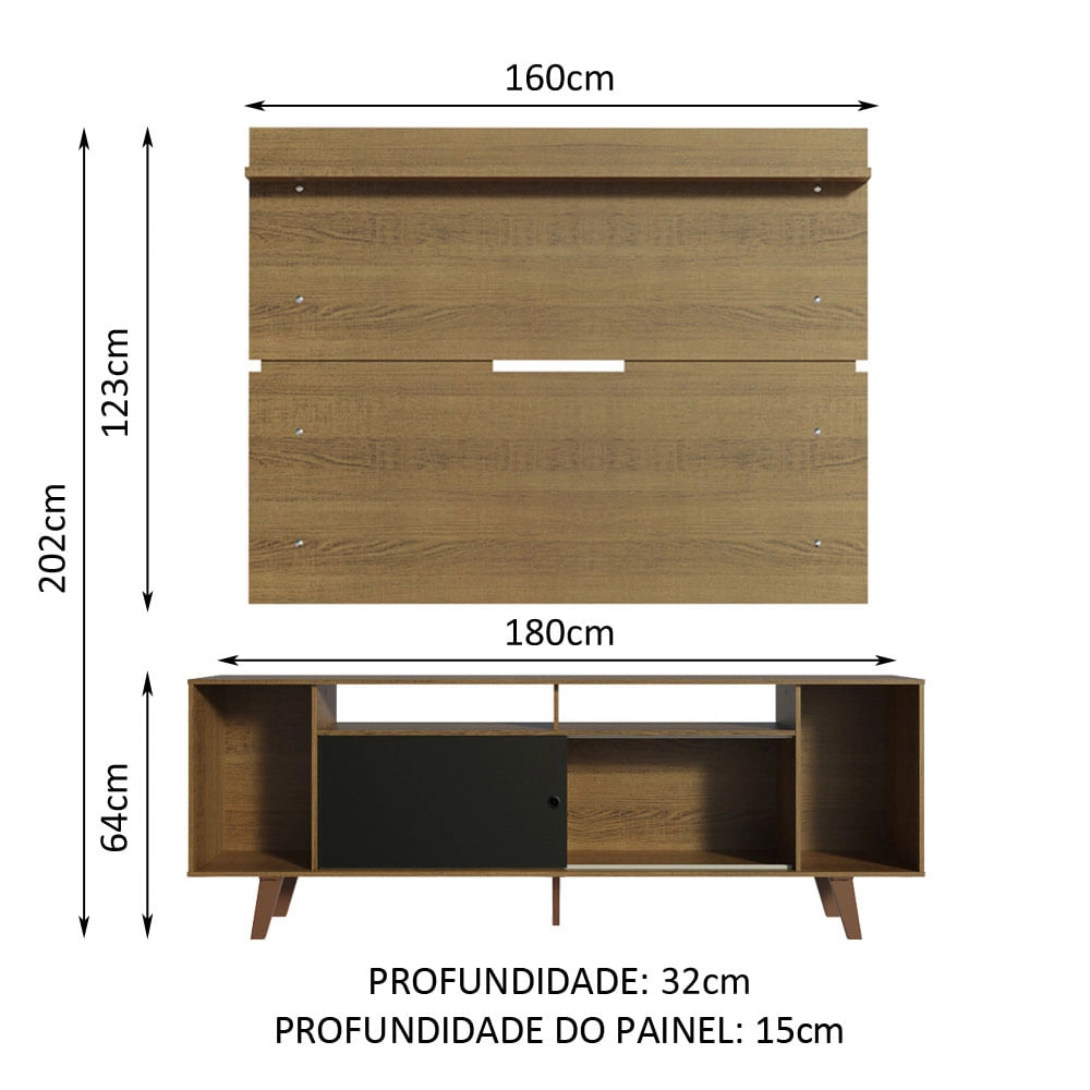 Rack Madesa Cancun com Pés e Painel para TV até 65 Polegadas Rustic/Preto 7K5Z Cor:Rustic/Preto/Rustic