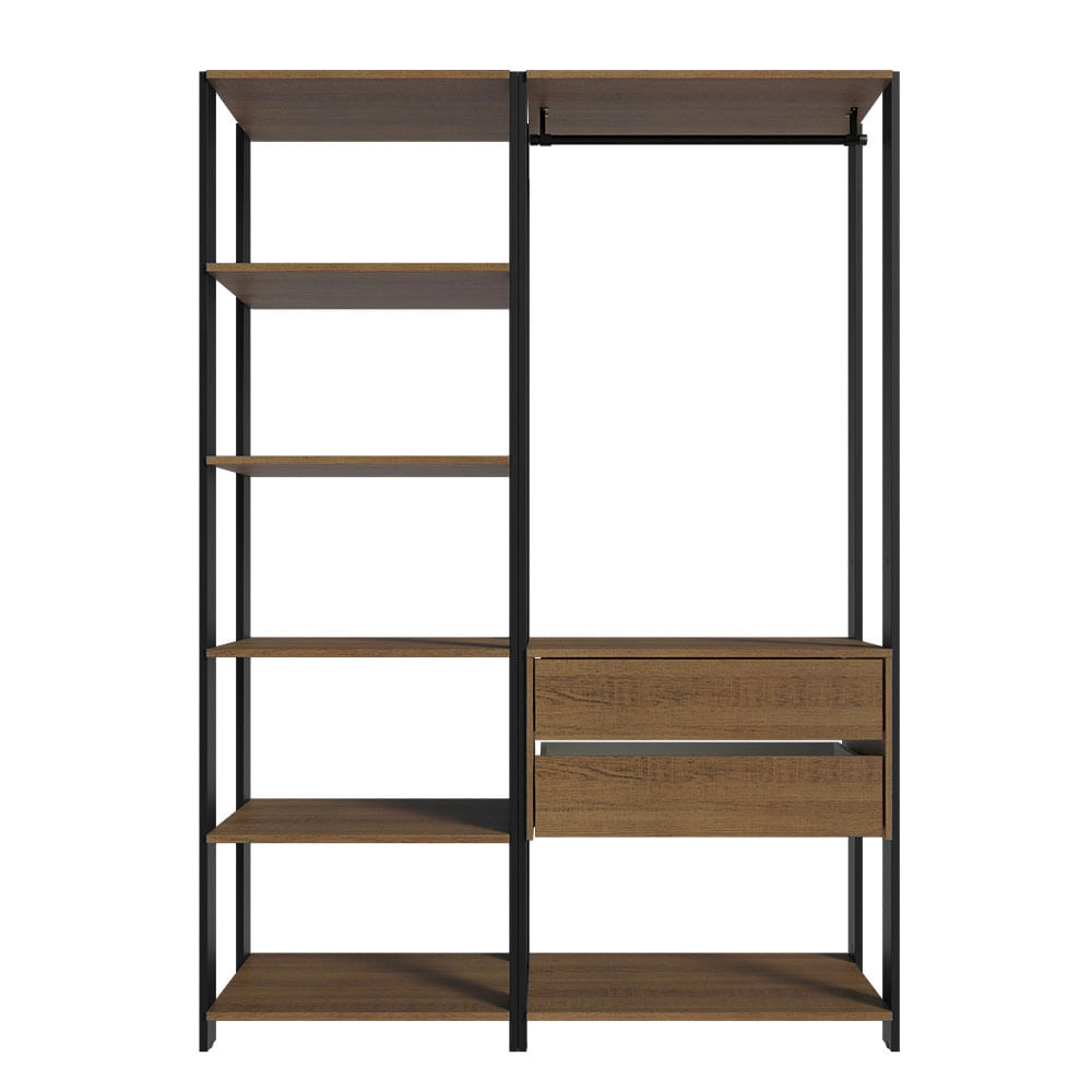 Closet Aberto Guarda-Roupa 2 Gavetas 129cm Rustic/Preto Madesa Cor:Rustic/Preto