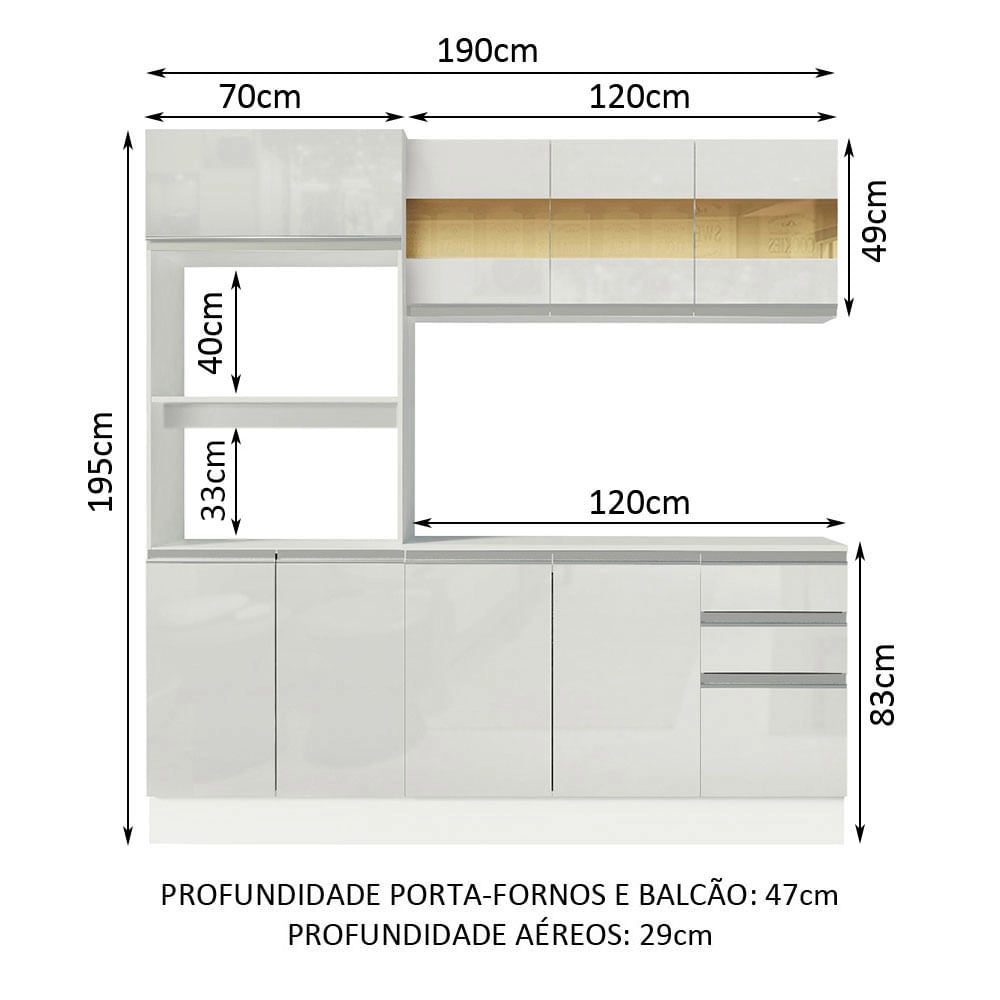 Cozinha Compacta 100% MDF Madesa Smart 190 cm Com Armário, Balcão e Tampo Frentes Branco Brilho Cor:Branco
