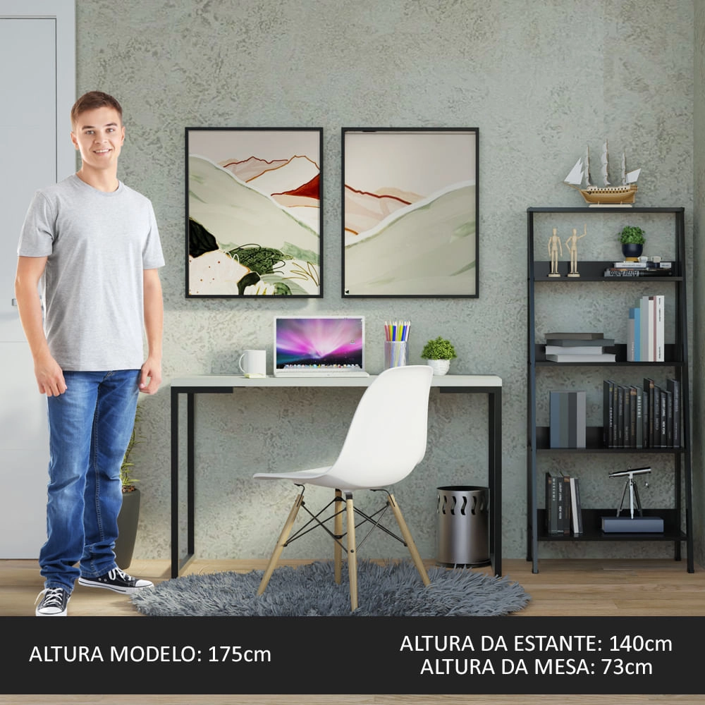 Conjunto Escritório Home Office com Mesa Industrial + Estante Escada Preto/Cinza Madesa Cor:Preto/Cinza