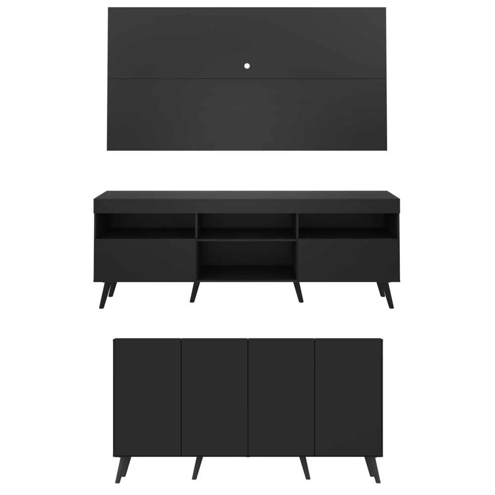 Conjunto Sala de Estar Rack + Painel TV 65" e Aparador Retrô Sofia Multimóveis Preto