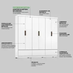 Guarda Roupa 6 Portas 3 Gav 2.33M Himalaia Branco 12/15MM C/Pe A223XL233XP47 Demóbile