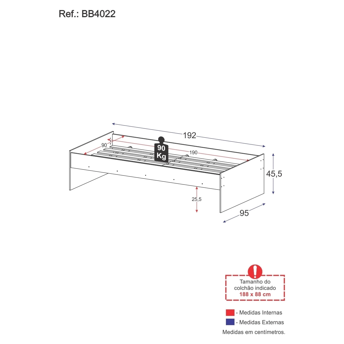 Cama de Solteiro para colchão 88x188cm Maçã do Amor Multimóveis BB4022 Branco