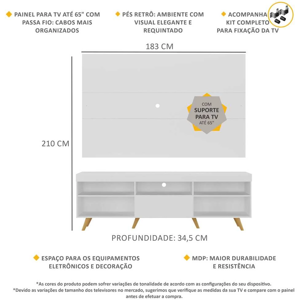 Rack Retrô com Painel e Suporte TV até 65 Polegadas Miami Multimóveis MP1061 Branco/Natural