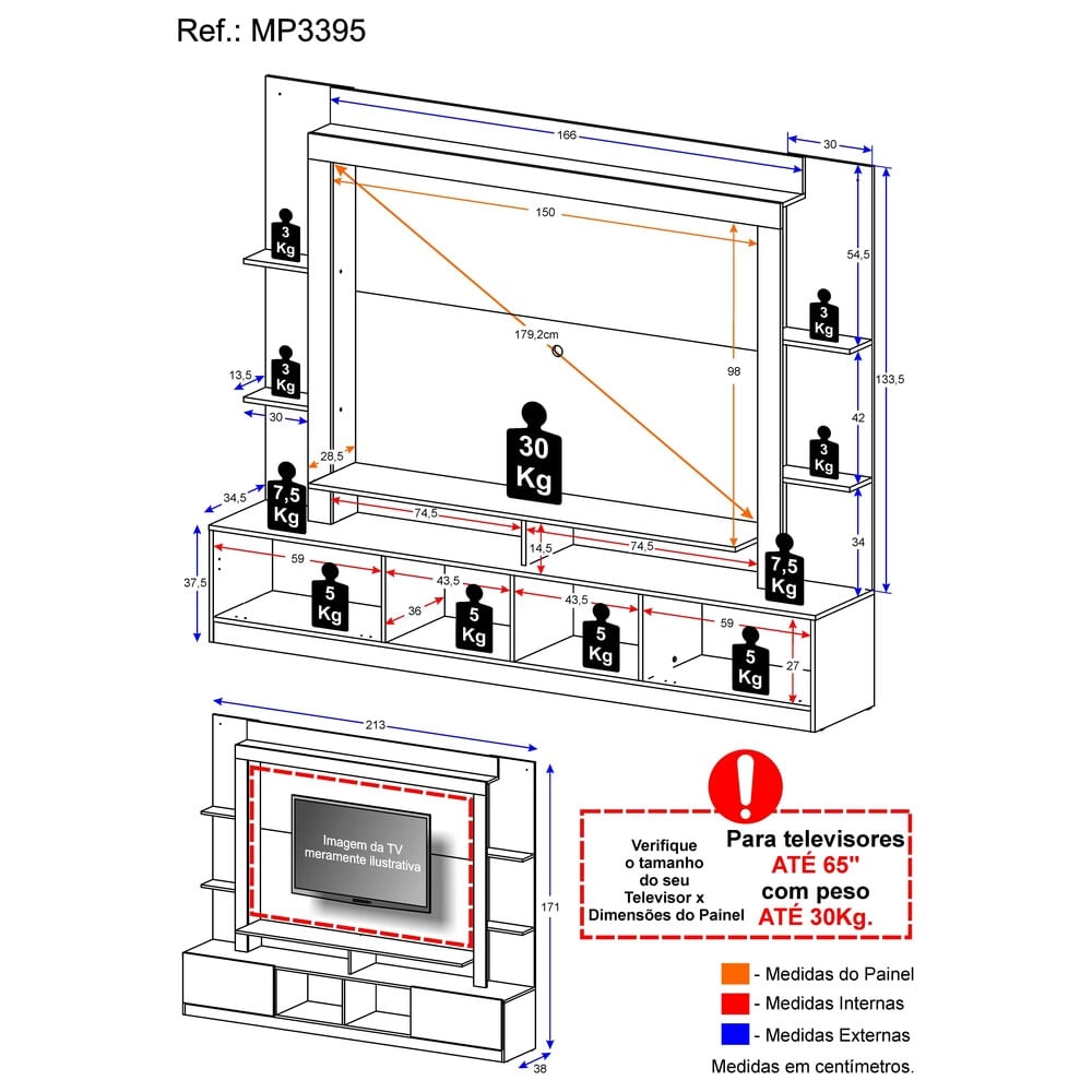 Rack Estante com Painel TV 65" e 2 portas Oslo Multimóveis Branco/Preto