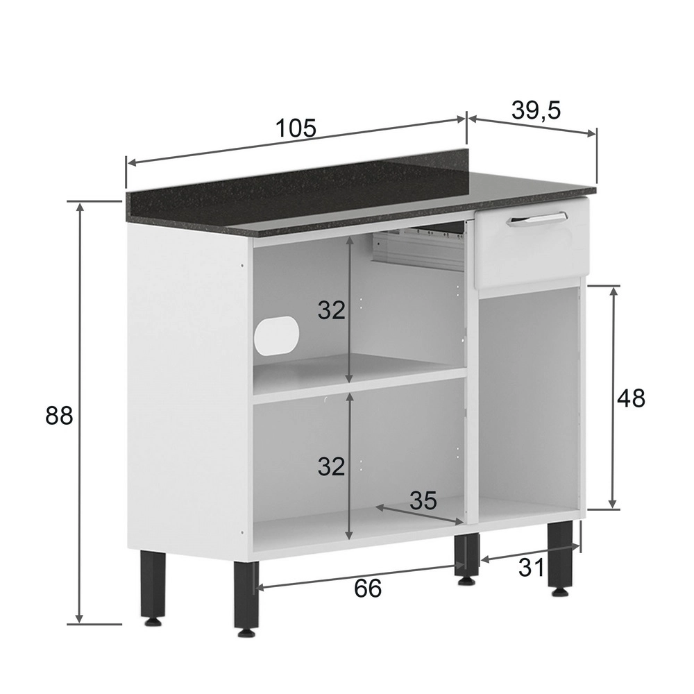 Balcão 1.05M 3 Portas 1 Gaveta Bel 6112-590 Branco A85XL105XP43 Bertolini