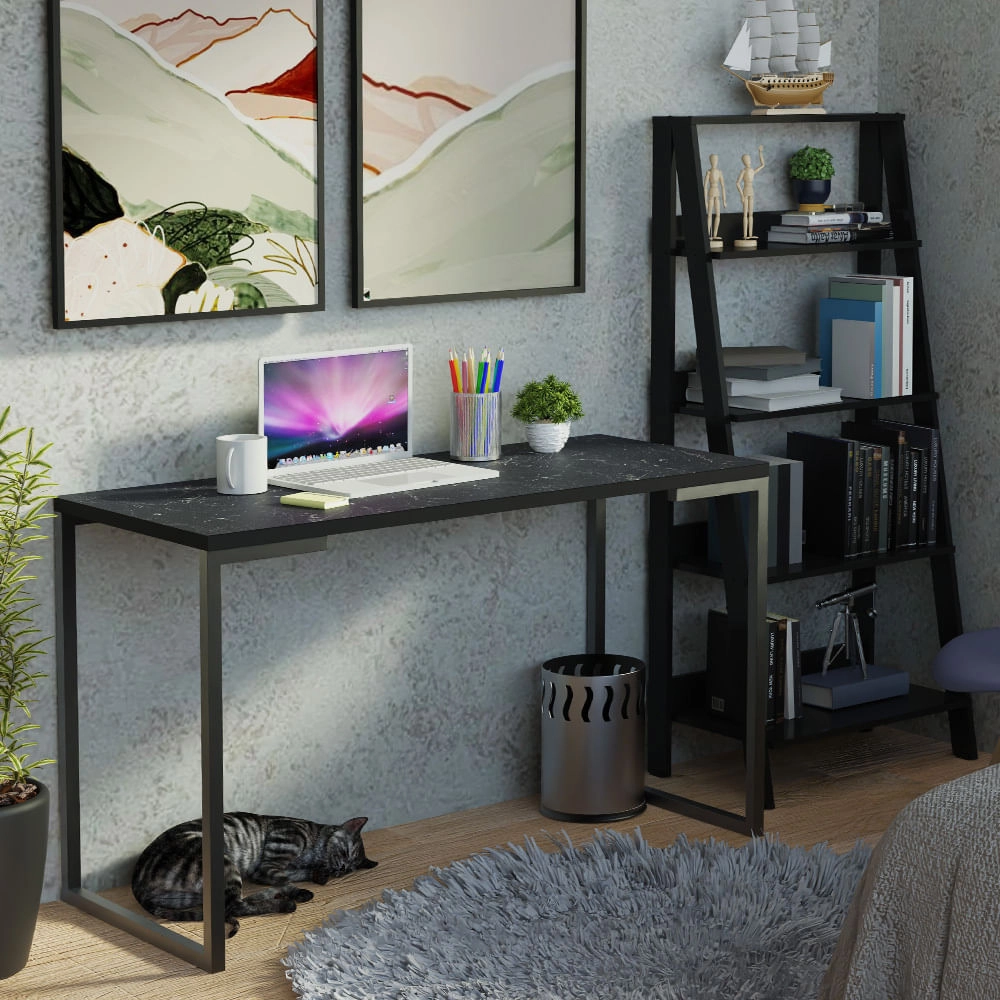 Conjunto Escritório Home Office com Mesa Industrial + Estante Escada Preto  Madesa Cor:Preto