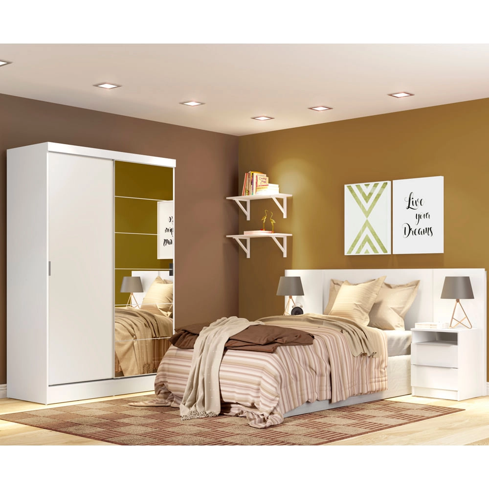 Quarto Completo com Guarda Roupa Luke 2 Portas com Espelho e Cabeceira com 2 Mesas de Cabeceira Madesa Branco Cor:Branco