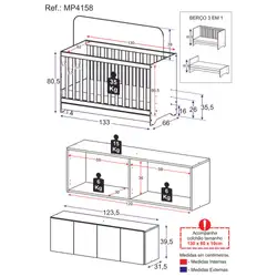 Berço 3 em 1 com Colchão e Armário Aéreo 4 portas Multimóveis MP4158 Branco