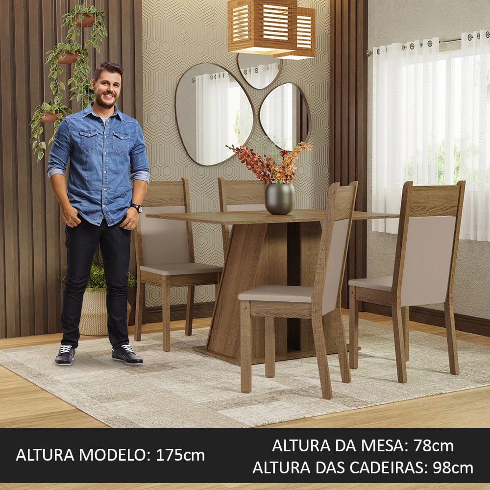 Conjunto Sala de Jantar Mesa Tampo de Madeira 4 Cadeiras Rustic/Bege Angel Madesa Cor:Rustic/Sintético Bege