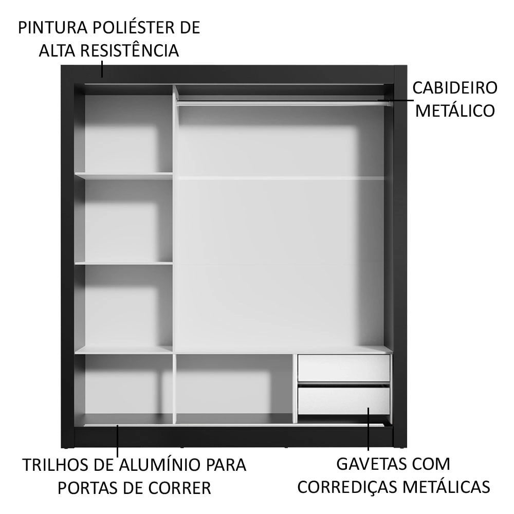 Guarda Roupa Casal Madesa Lyon 3 Portas de Correr de Espelho 2 Gavetas Cor:Preto