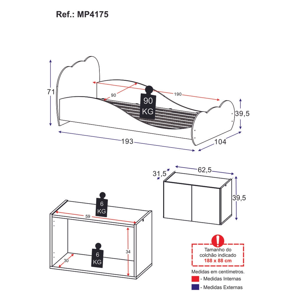 Cama Solteiro com Mesa de Cabeceira 2 Portas Multimóveis MP4175 Branca