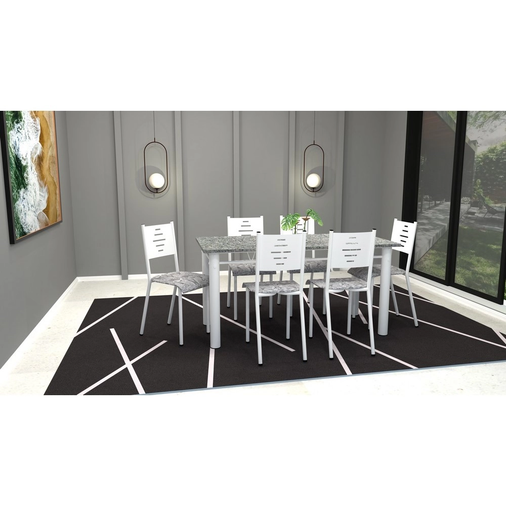 Conjunto de Mesa Com 6 Cadeiras Para Cozinha Tampo Retangular e Granito  1,50m Branco Sofia Ciplafe