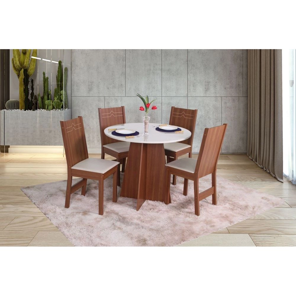 Conjunto Mesa 4 Cadeiras Redonda 90X90 Elane Naturale/Off Tec Bagum Bege MDF São Carlos