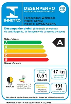 Máquina de Lavar Consul 17kg Branca com Lavagem Econômica e Ciclo Edredom - CWK17AB 220V