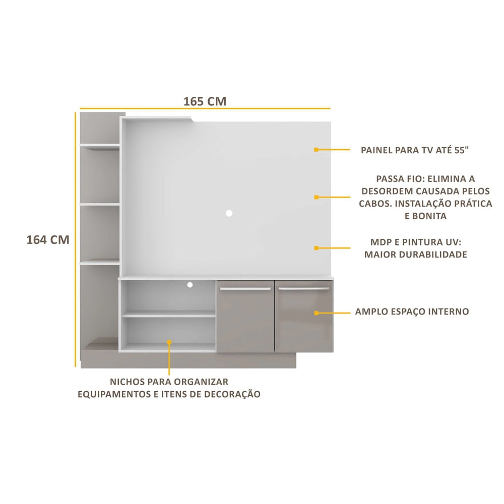 Estante com Painel TV 55" e 2 portas Denver Multimóveis Branco/ Lacca Fumê