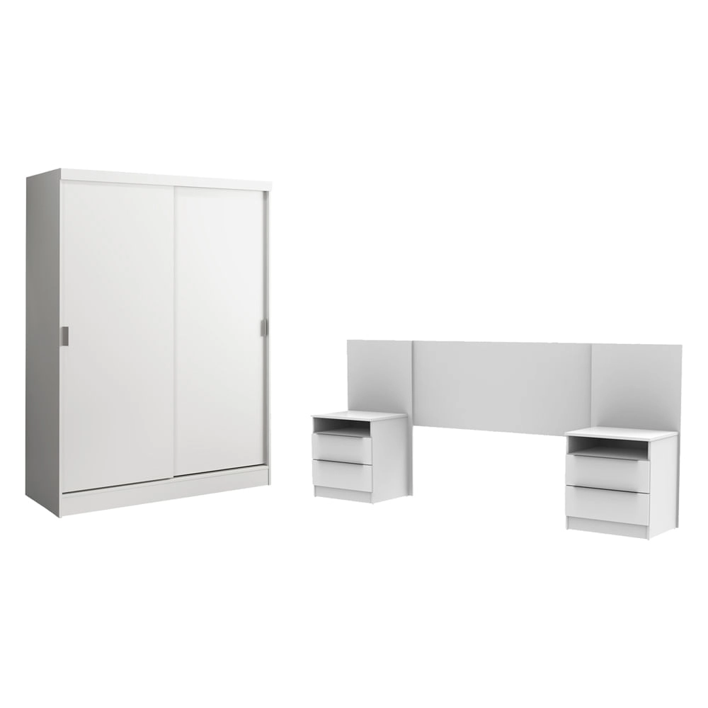 Quarto Completo com Guarda Roupa Luke e Cabeceira com 2 Mesas de Cabeceira Madesa Branco Cor:Branco