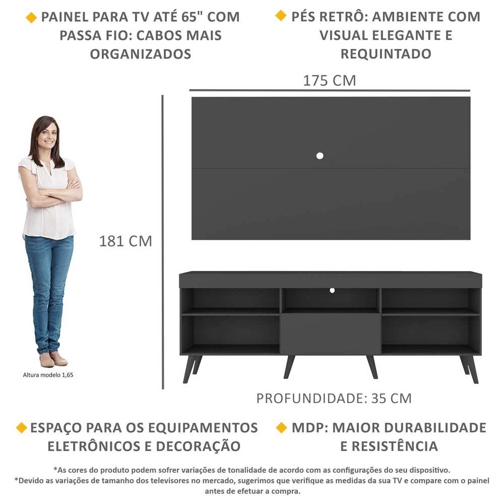 Rack com Painel TV 65" Retrô Flórida Up Multimóveis MP1042 Preto