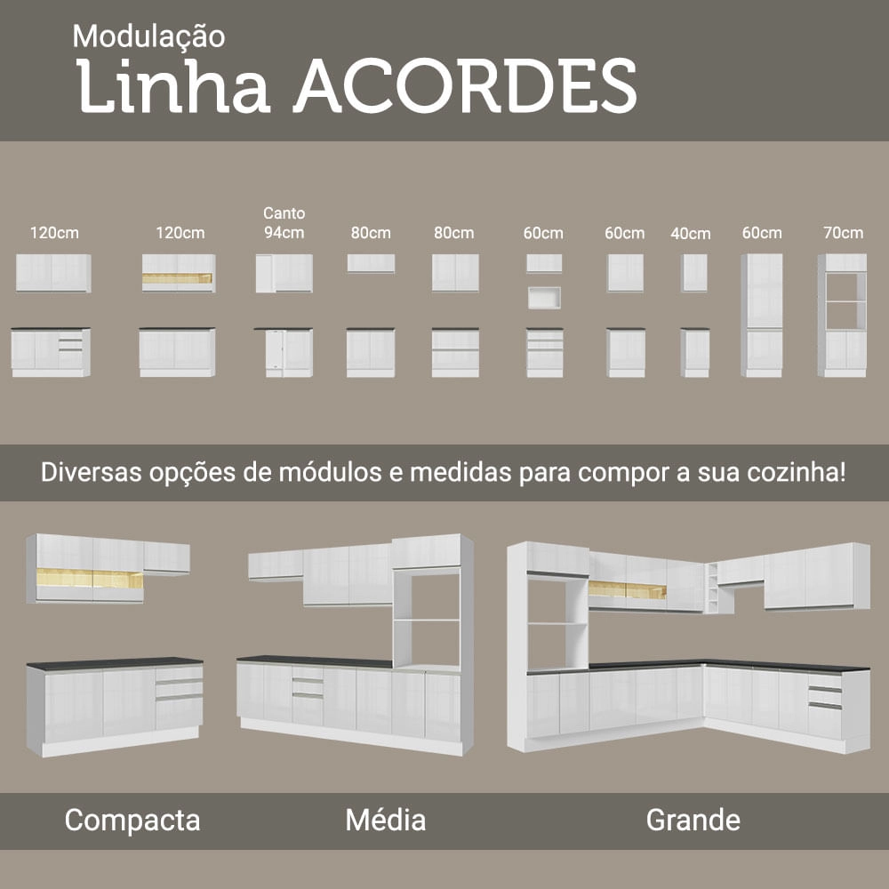 Armário Aéreo Madesa Acordes 100% MDF 120 cm 2 Portas Vidro Reflex Branco Brilho Cor:Branco