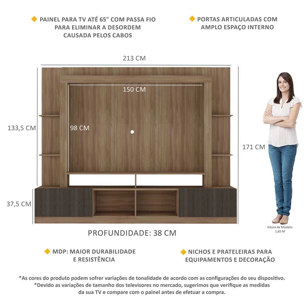 Rack Estante com Painel TV 65" e 2 portas Catar Multimóveis BR3395 Madeirado/Tenerife