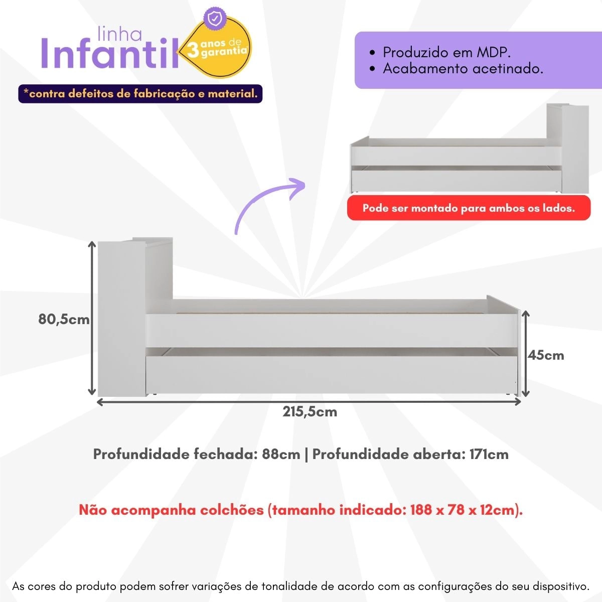 Bicama com Baú Embutido para colchão 78x188cm Cookie Multimóveis BB5009 Branco