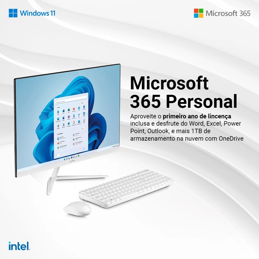 All in One Ultra, com Windows 11 Home, Intel Celeron 4GB 120GB SSD, Tela 23,8''FHD + Microsoft 365 Personal + 1TB na Nuvem Branco - UB830 UB830