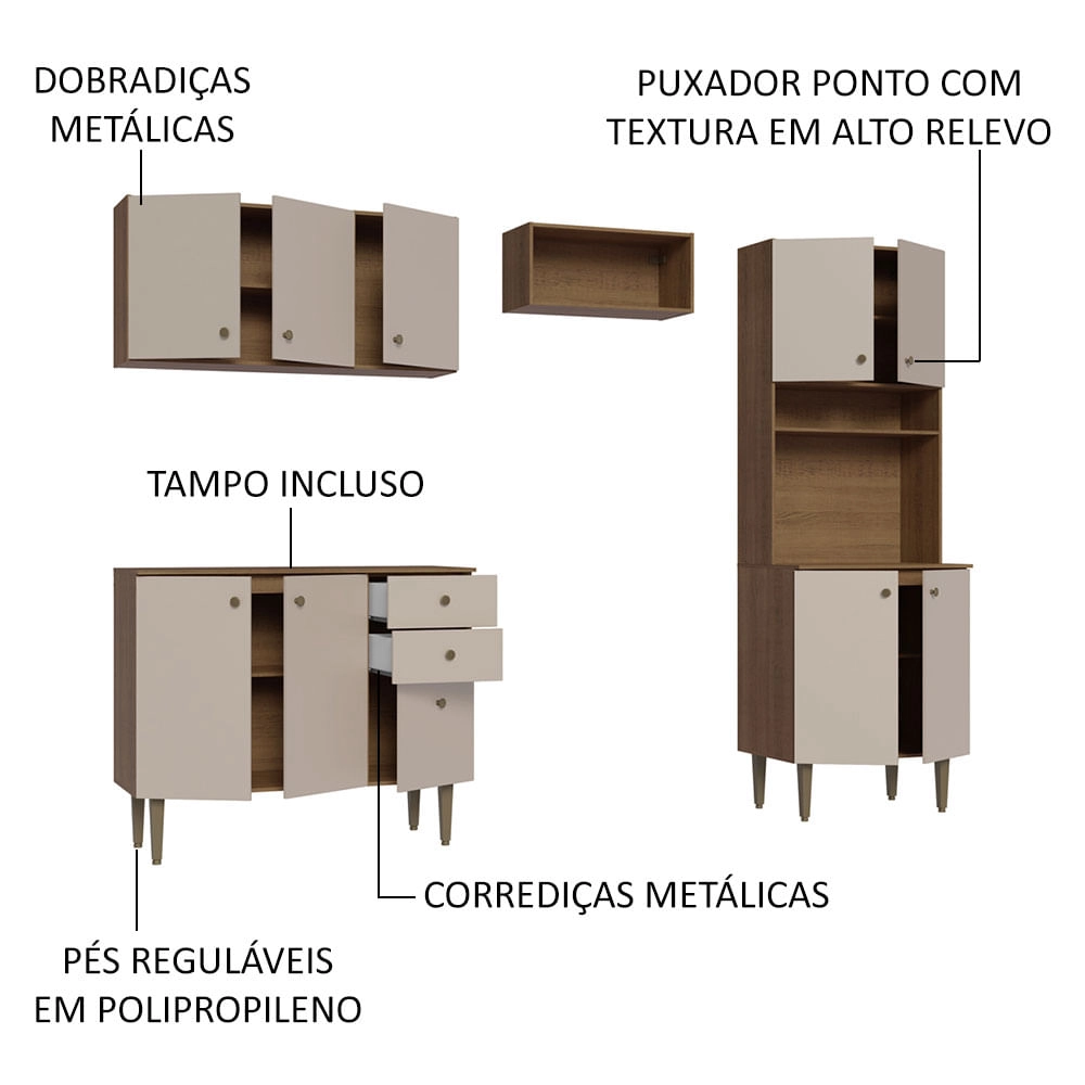 Armário de Cozinha Compacta 235cm Rustic/Crema Gourmet Madesa 01 Cor:Rustic/Crema