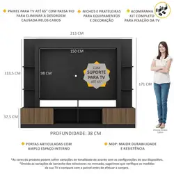 Rack Estante com Painel e Suporte TV 65" e 2 portas Oslo Multimóveis Preto/Madeirado