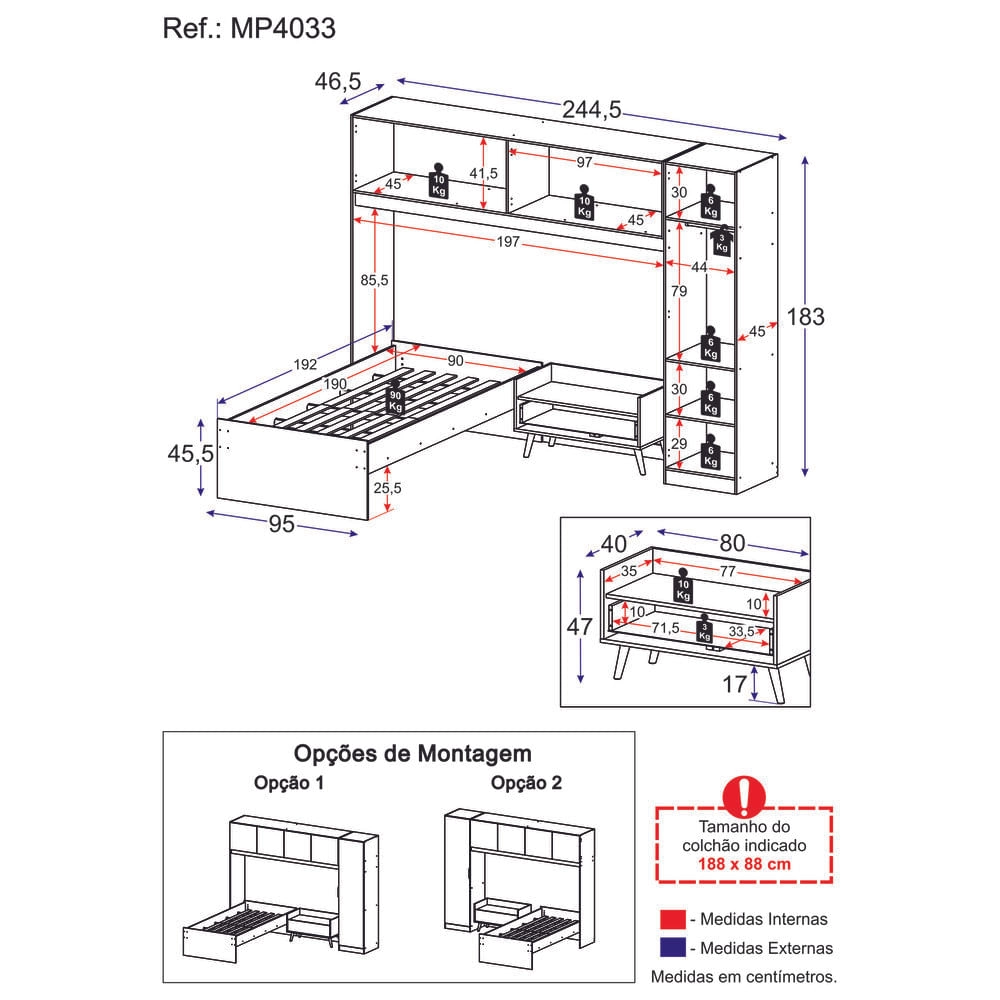 Cama de Solteiro com Guarda Roupa e Mesa de Cabeceira Retrô Dublin Multimóveis MP4033 Branca