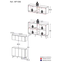 Kit Bar Armário Aéreo e Aparador 4 Portas Retrô Multimóveis MP1086 Branco/Preto