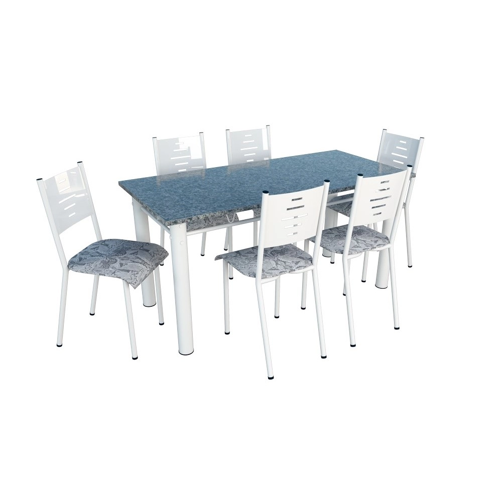 Conjunto de Mesa Com 6 Cadeiras Para Cozinha Tampo Retangular e Granito  1,50m Branco Sofia Ciplafe