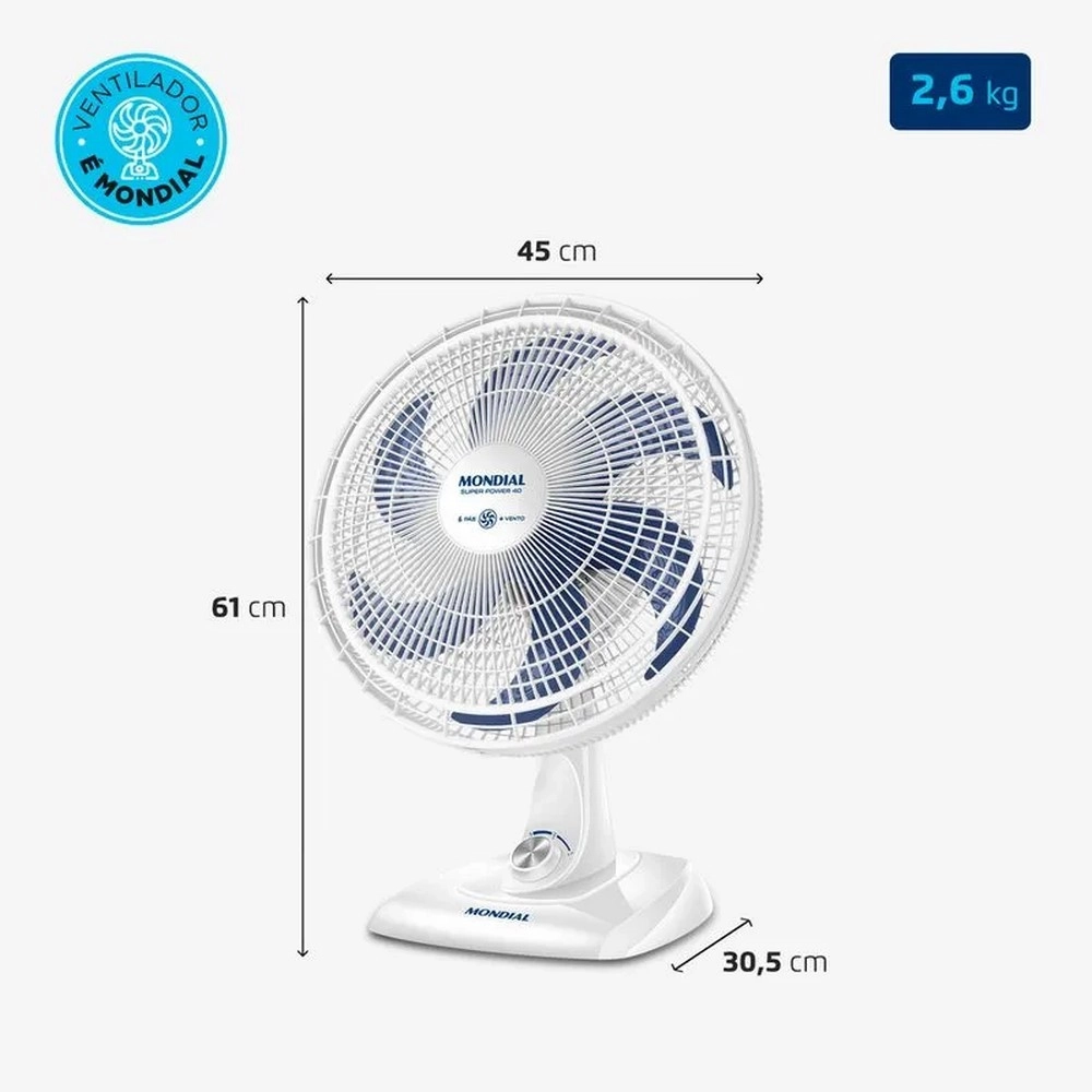 Ventilador de Mesa Mondial 40CM Super Power VSP-40-W 6 Pás Branco/Azul 220V