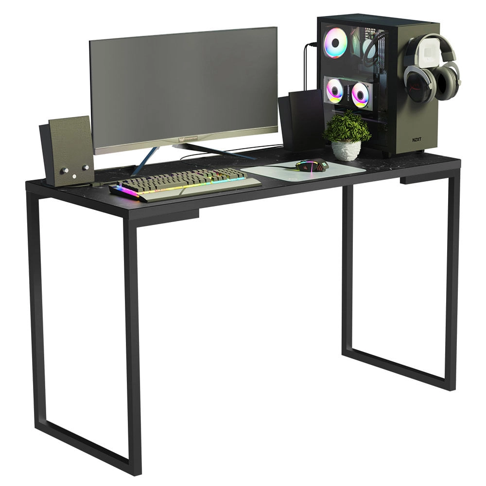 Conjunto Escritório Home Office com Mesa Industrial + Estante Escada Preto  Madesa Cor:Preto